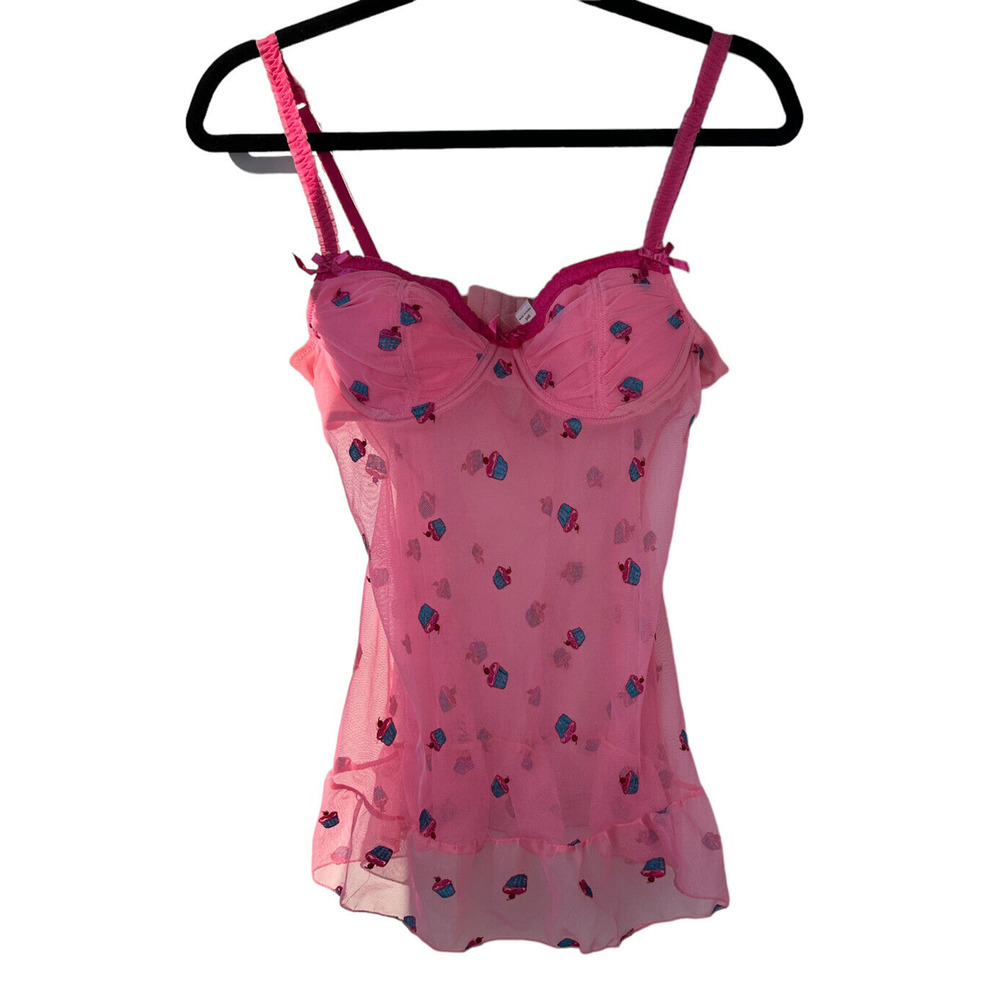 Victoria’s Secret Lingerie Chemise Pink Cupcakes Sheer Babydoll 34B Valentine - Picture 4 of 12